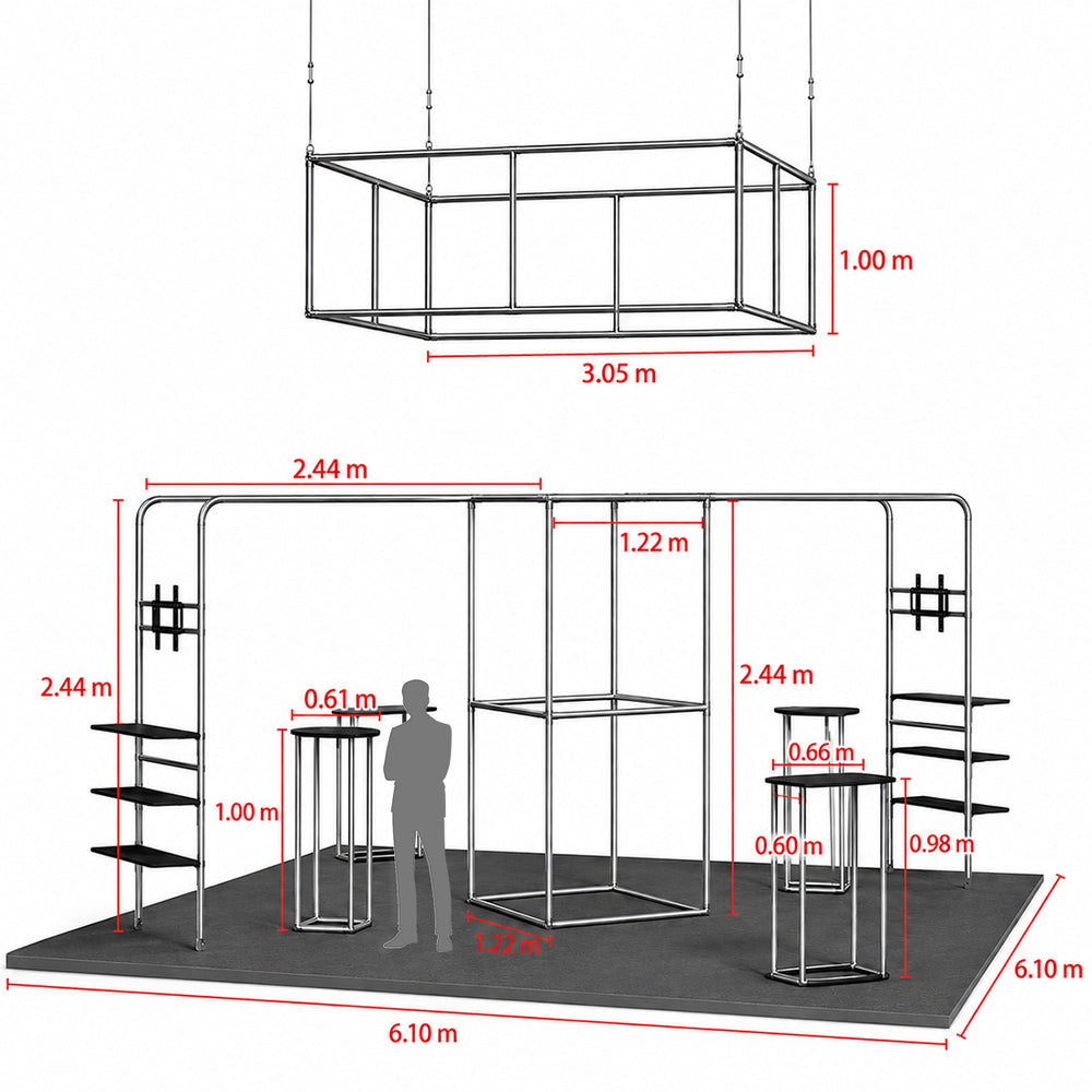 6x6m Gallery Booth with Entry Arch Towers, TV Mounts & Counters