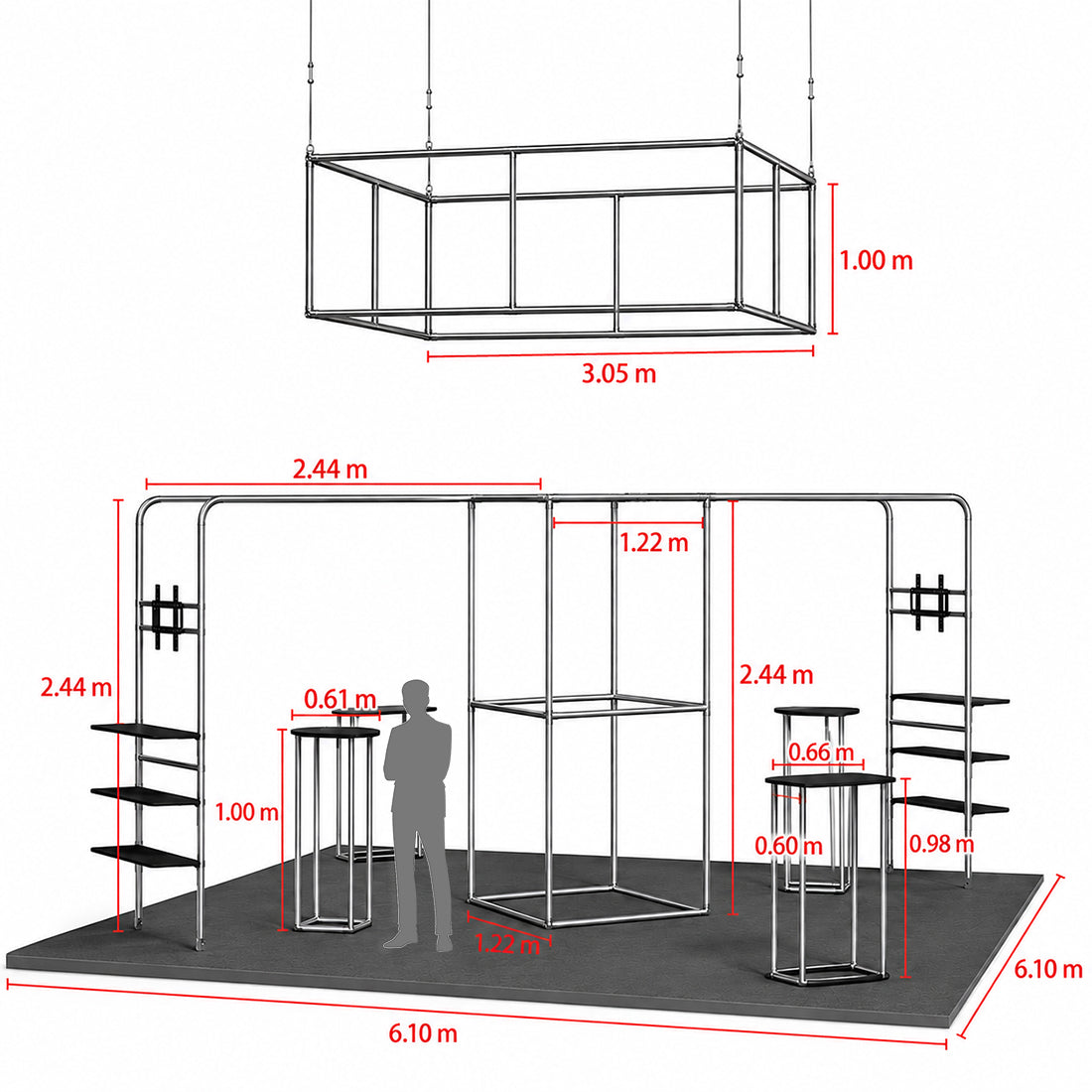 6x6m Gallery Booth with Entry Arch Towers, TV Mounts & Counters