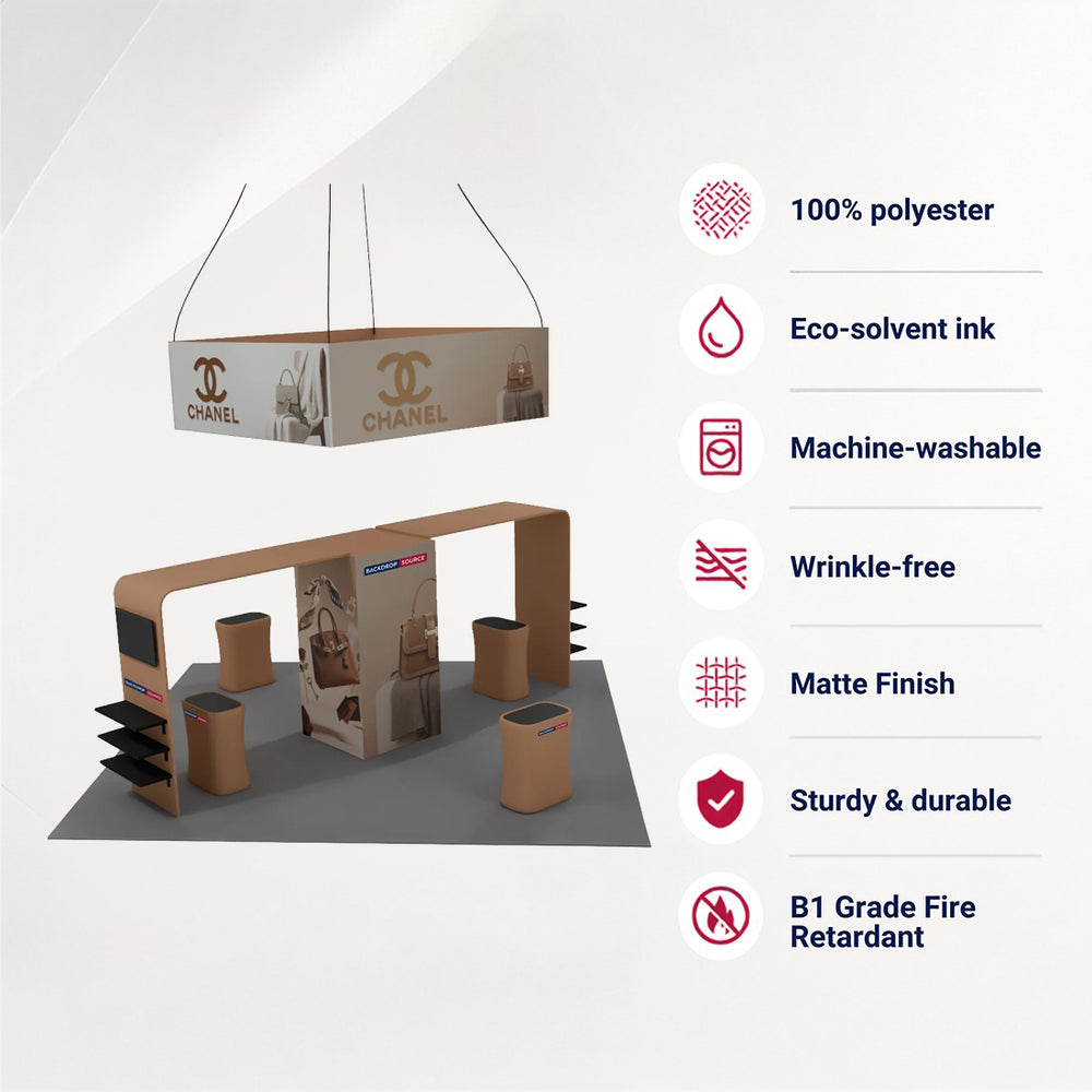 6x6m Gallery Booth with Entry Arch Towers, TV Mounts & Counters