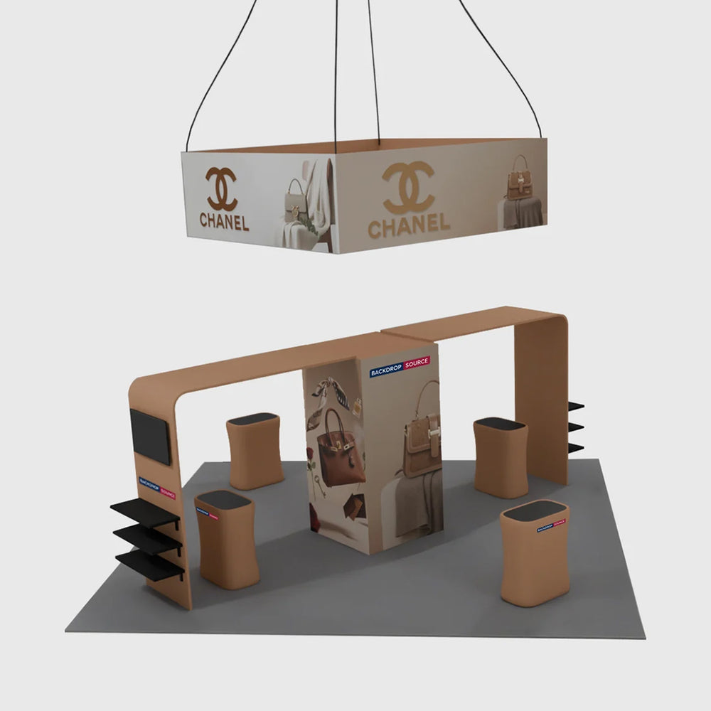6x6m Gallery Booth with Entry Arch Towers, TV Mounts & Counters
