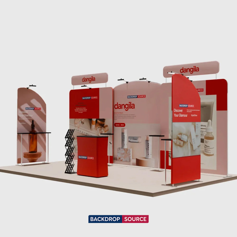 6x3m Booth Kit with Round-Top Backwall, Shelving & Counter
