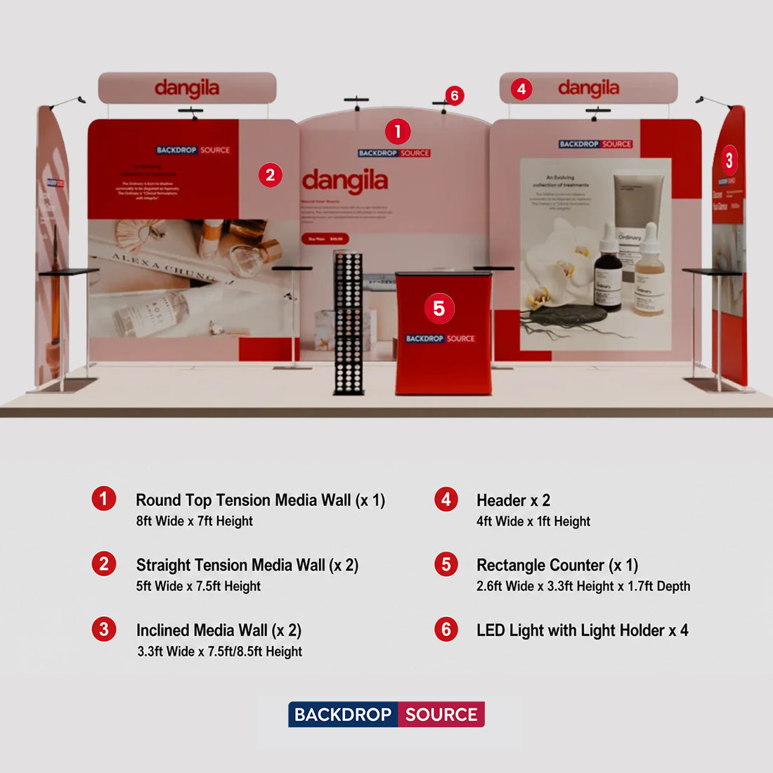 6x3m Booth Kit with Round-Top Backwall, Shelving & Counter