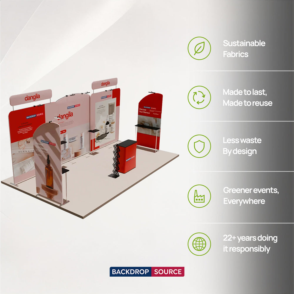 6x3m Booth Kit with Round-Top Backwall, Shelving & Counter