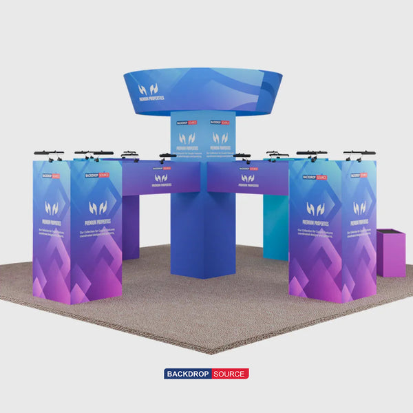 9x9m Cubic Tower Island Booth with Hanging Banner & Counters