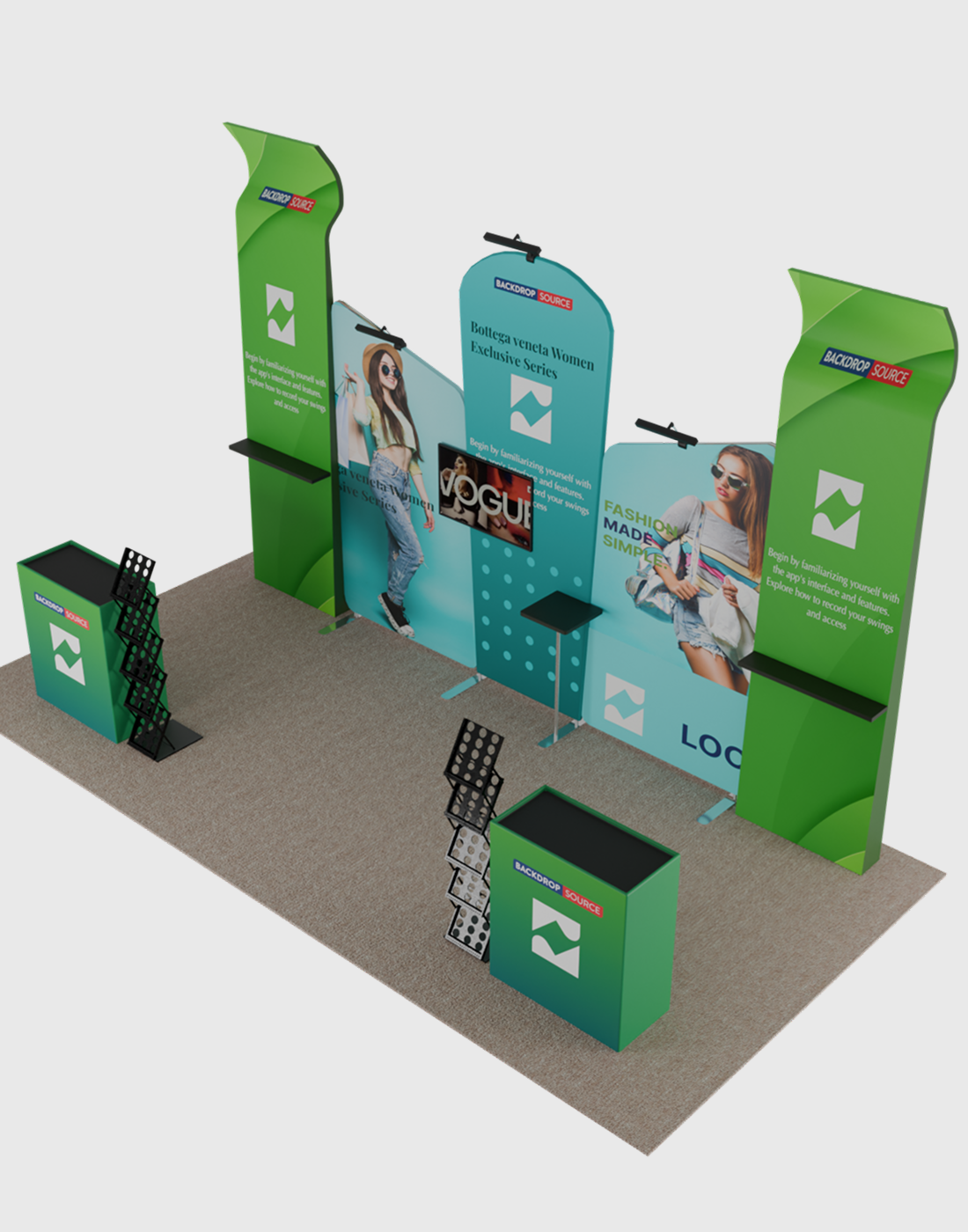 3x6m Booth Kit with Inclined Walls, 3D Shelf Stands & 2 Counters