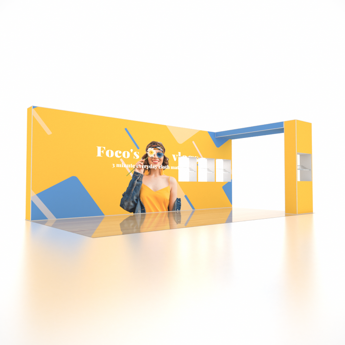 6x3m SEG Popup Booth with L-Arch Wall & 4-Shelf Showcase