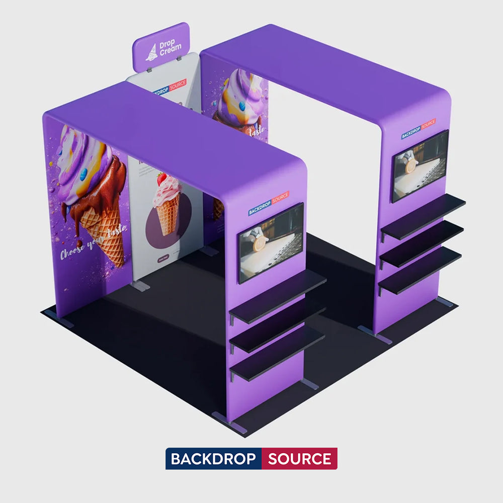 3x3m Booth Kit with Twin Square Arches, Shelving & TV Mount