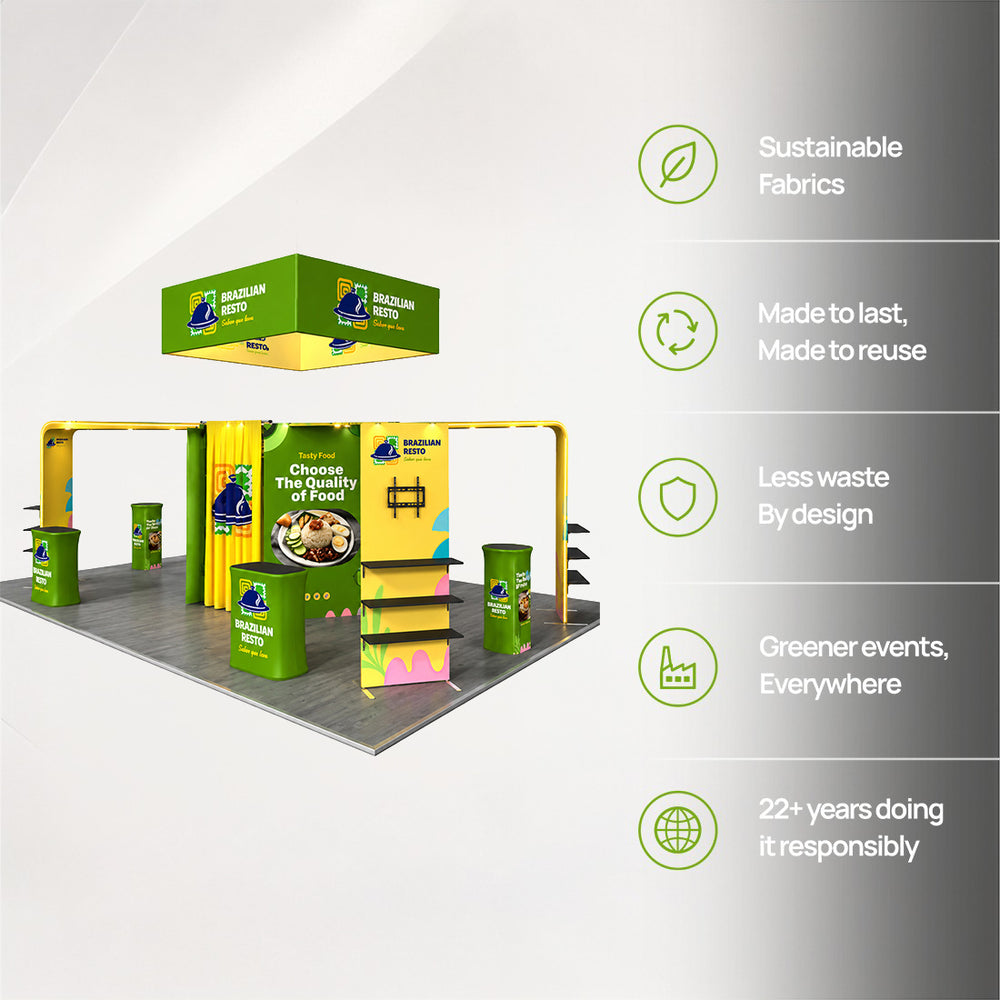 9x6m Island Booth Kit with Hexagon Lounge Shelving & 4 Counters