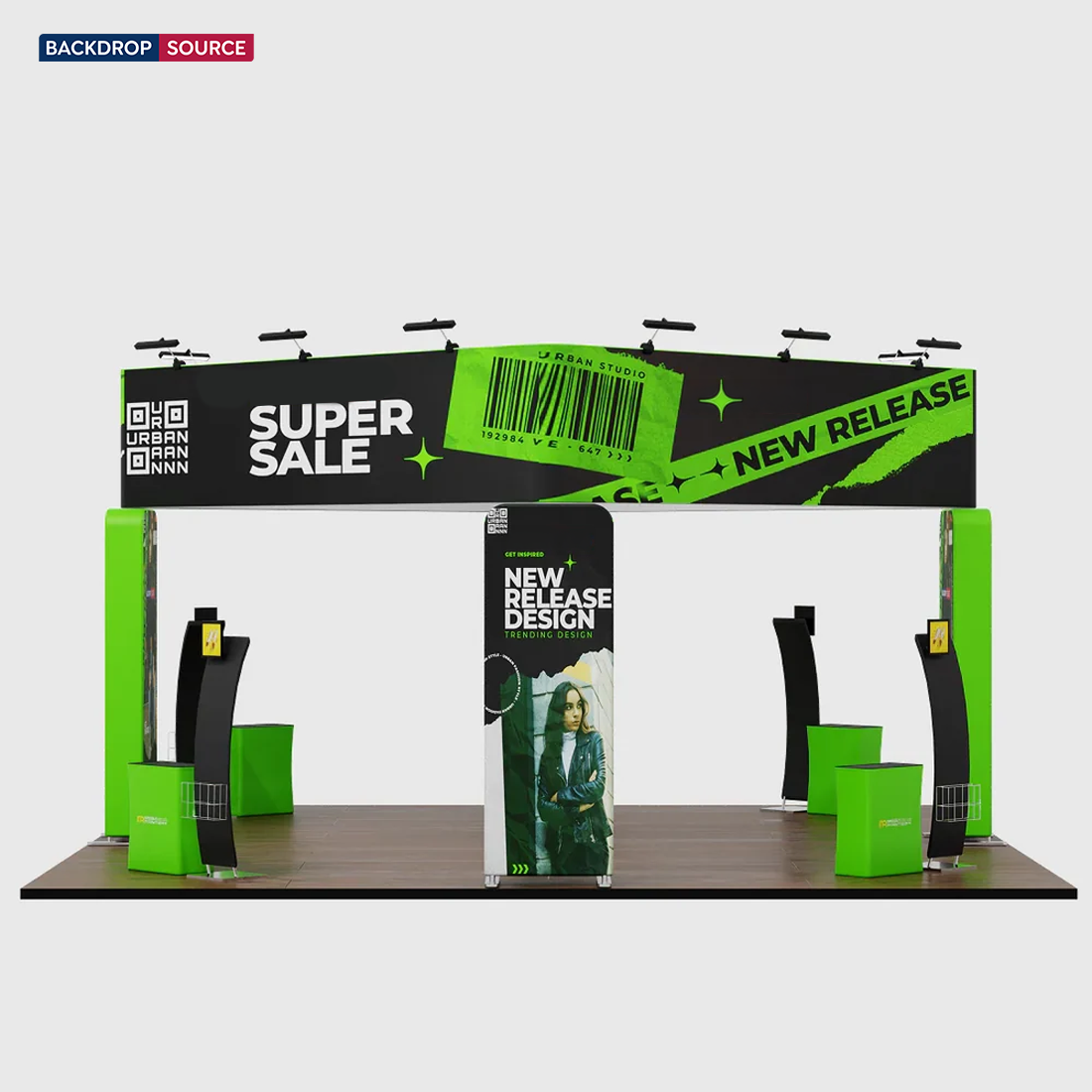 6x6m Island Booth with 3D Wall Boxes, 4 Counters & iPad Stands