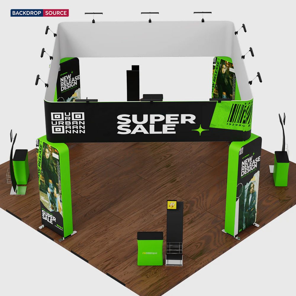 6x6m Island Booth with 3D Wall Boxes, 4 Counters & iPad Stands