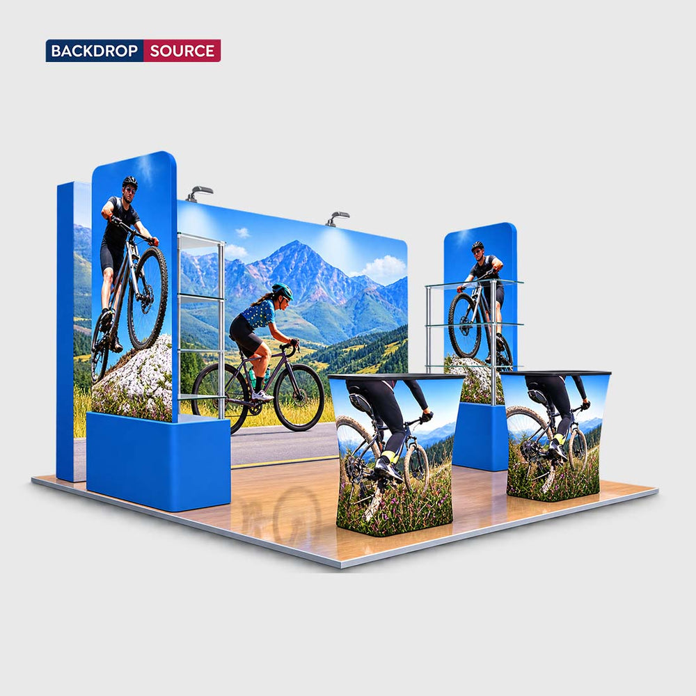 3x3m 3D Media Wall Booth Kit with Acrylic Shelves & 4 Counters