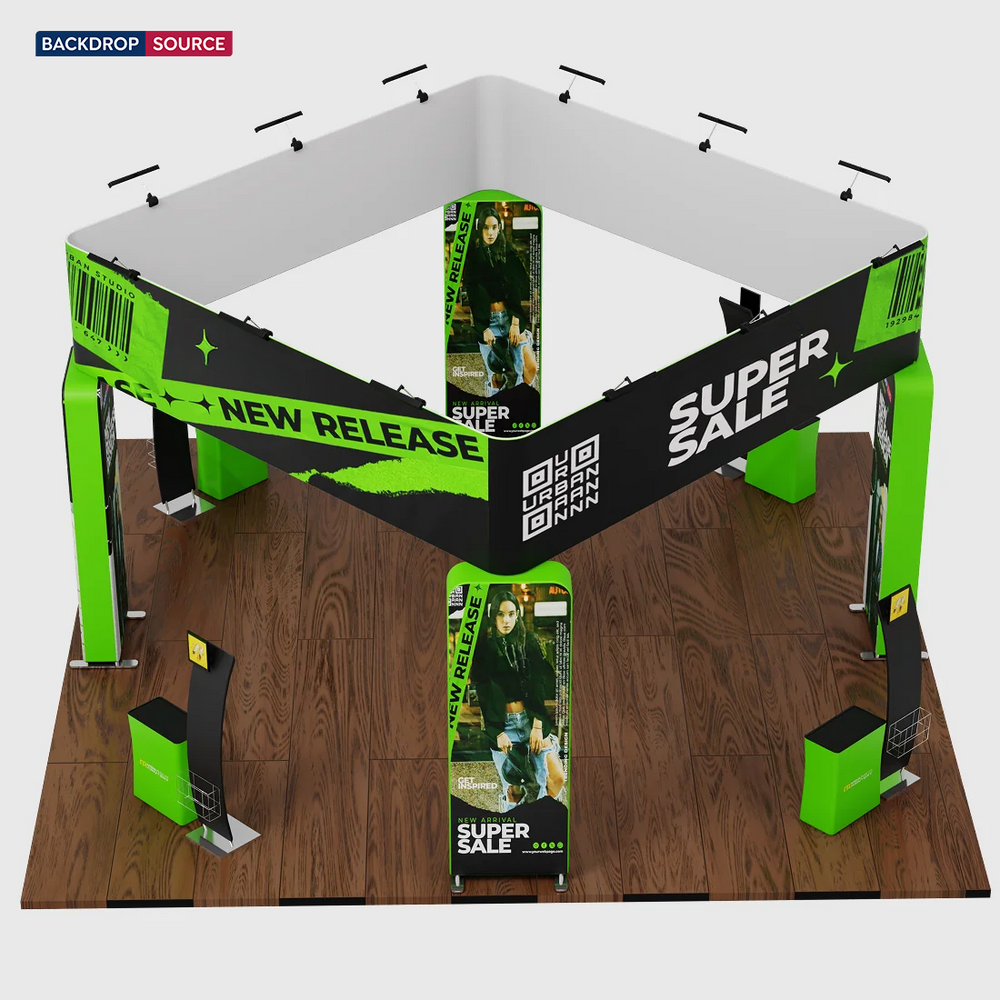 6x6m Island Booth with 3D Wall Boxes, 4 Counters & iPad Stands