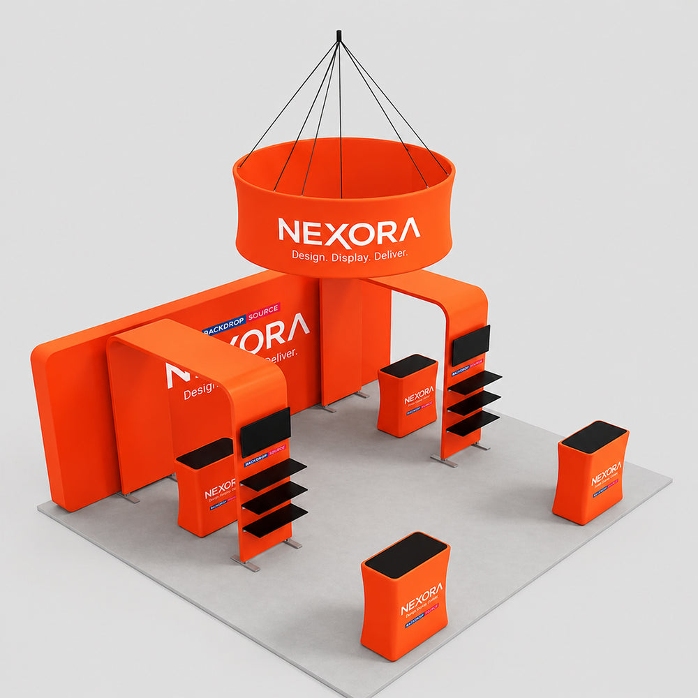 6x6m Booth Kit with 6m 3D Backdrop, TV Shelving & 4 Counters