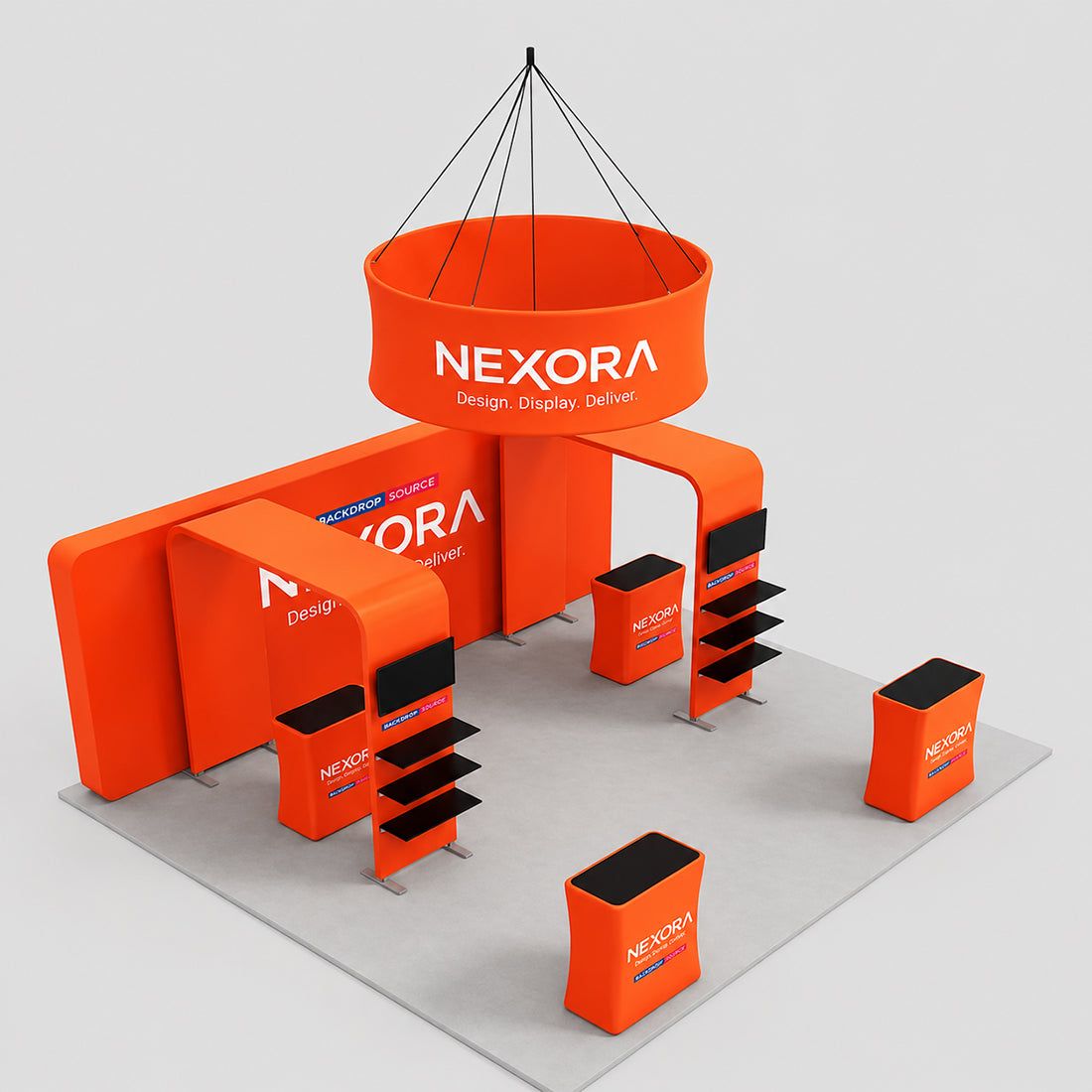 6x6m Booth Kit with 6m 3D Backdrop, TV Shelving & 4 Counters