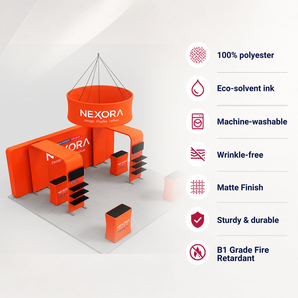 6x6m Booth Kit with 6m 3D Backdrop, TV Shelving & 4 Counters