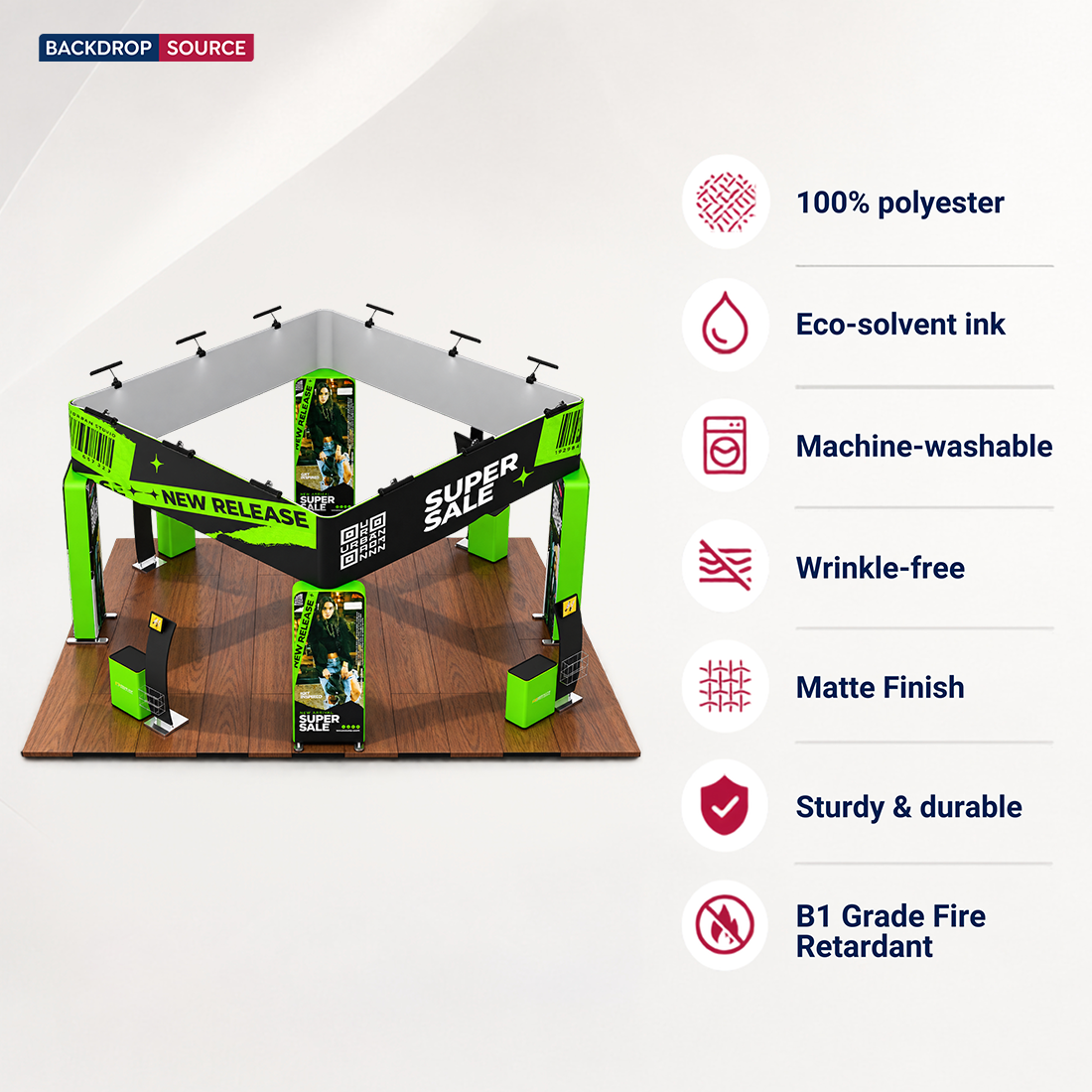 6x6m Island Booth with 3D Wall Boxes, 4 Counters & iPad Stands