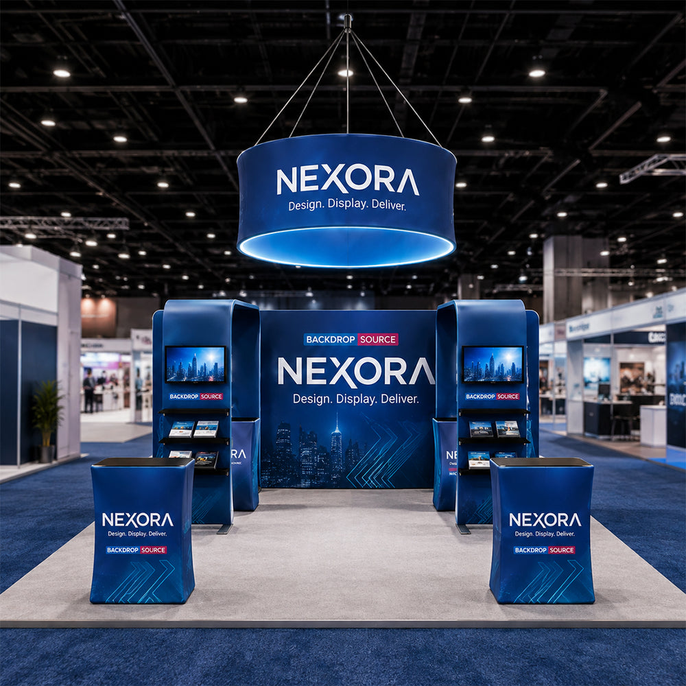 6x6m Booth Kit with 6m 3D Backdrop, TV Shelving & 4 Counters