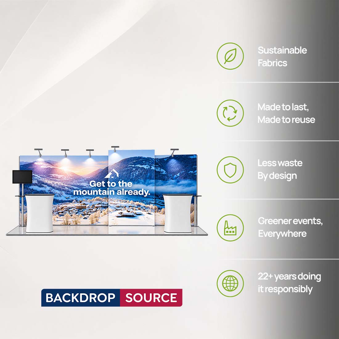3x6m Backlit SEG Booth Kit with TV Mount, Tables & LED Counters