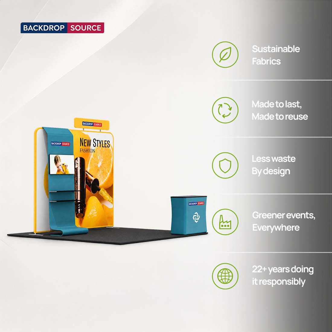 3x3m Booth Kit with Straight Wall, Waterfall TV Shelf & Counter