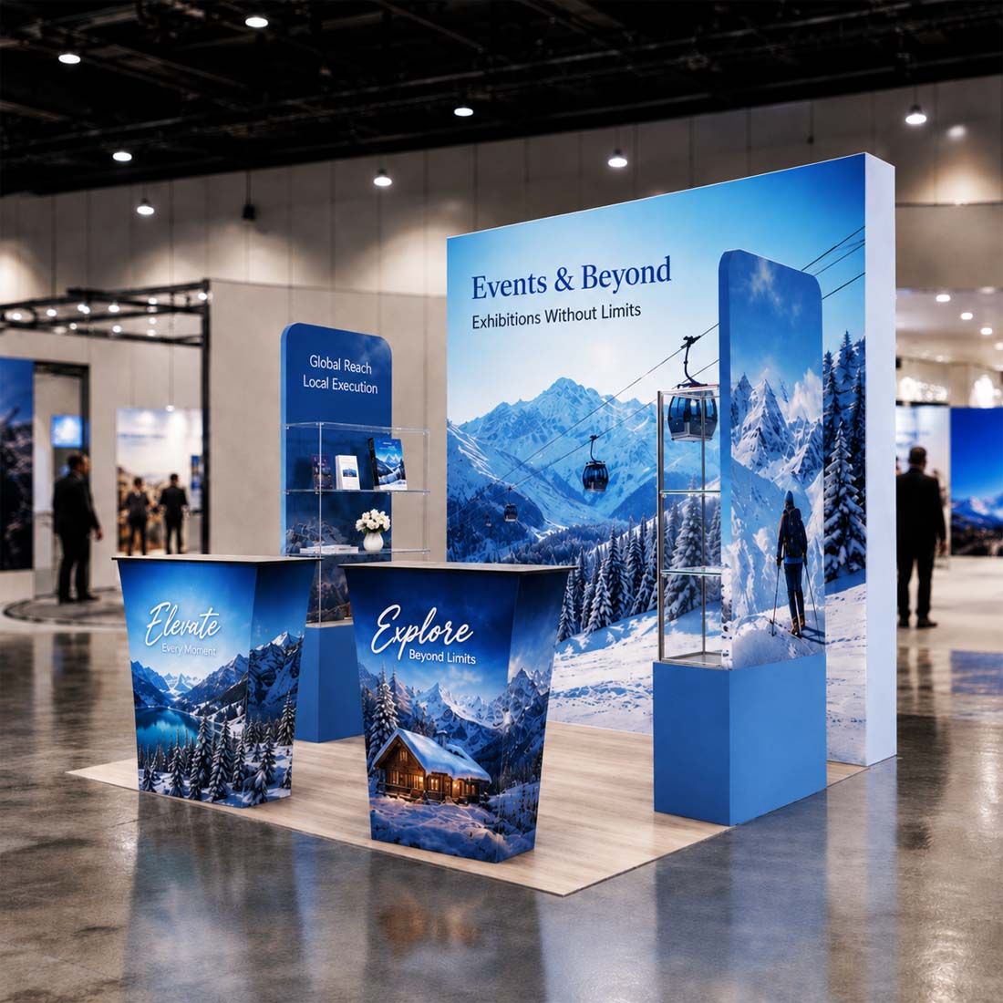 3x3m 3D Media Wall Booth Kit with Acrylic Shelves & 4 Counters
