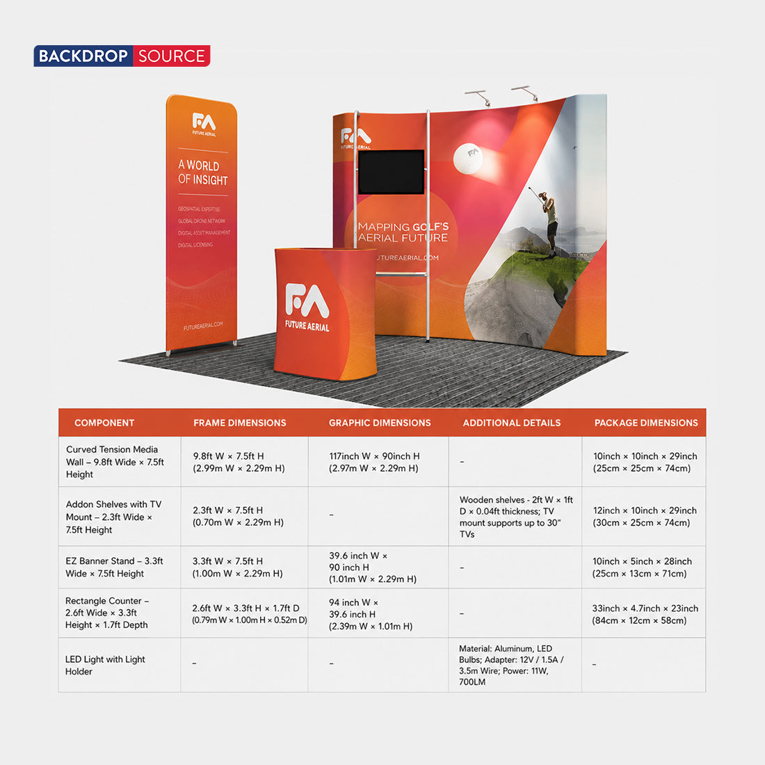 3x3m Booth Kit with Curved Wall, TV Shelf Tower & Banner