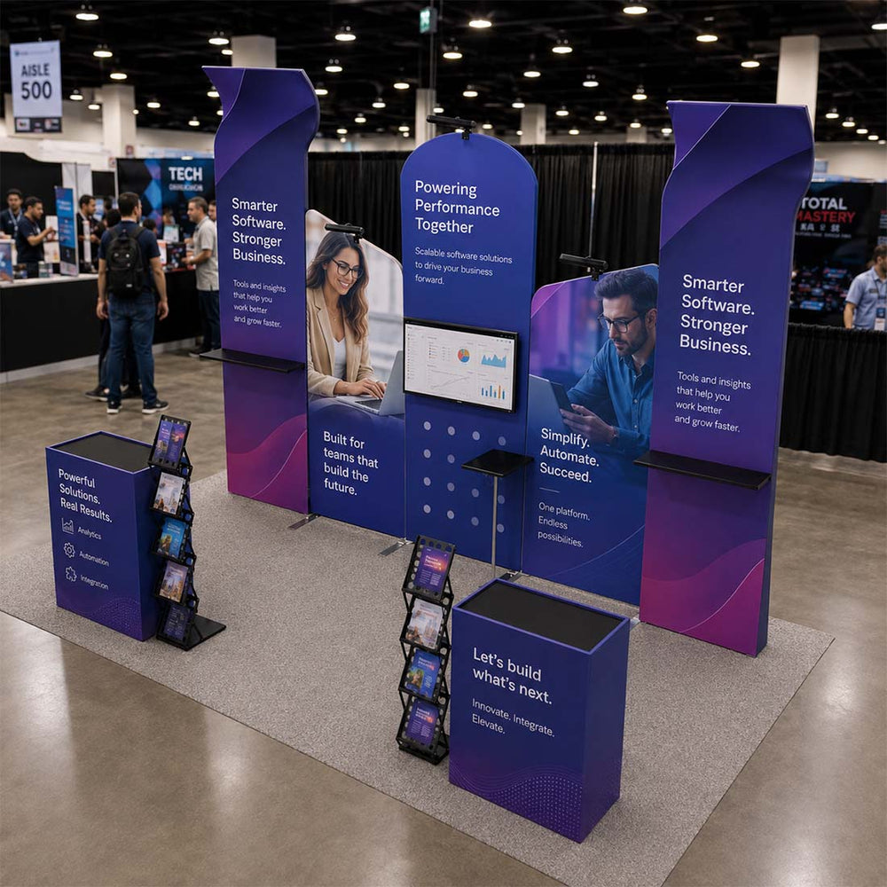 3x6m Booth Kit with Inclined Walls, 3D Shelf Stands & 2 Counters