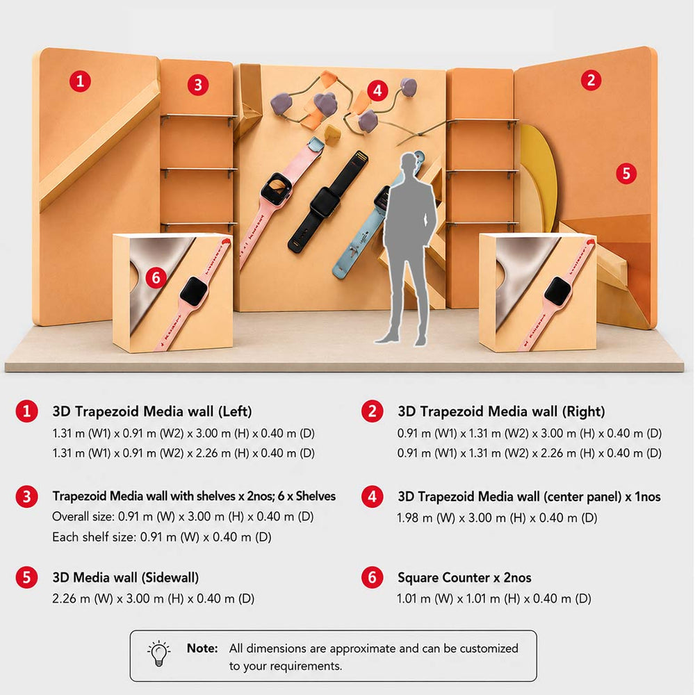 3x6m 3D Trapezoid Wall Booth Kit with Shelving & 2 Counters