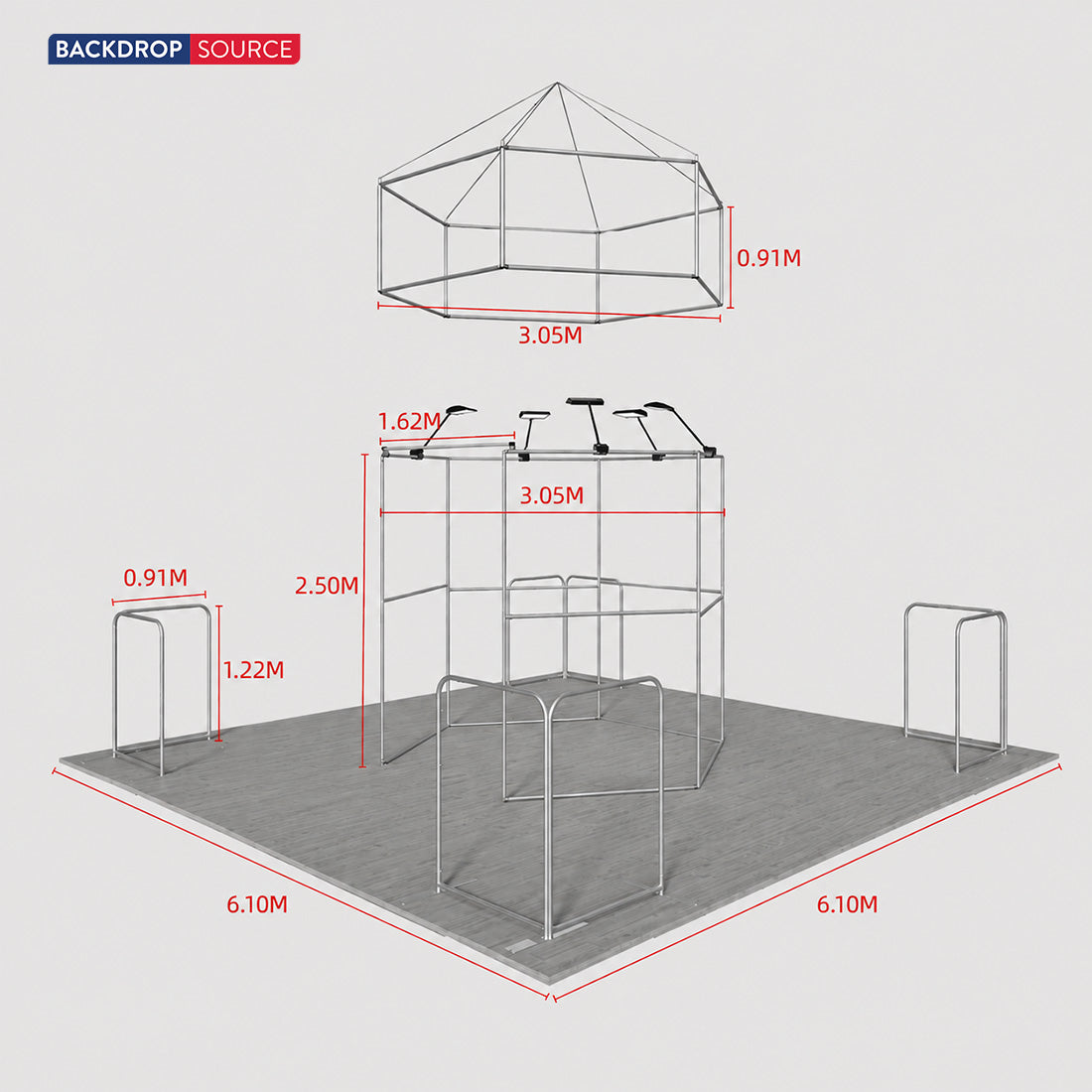 6x6m Island Booth with Hexagon Lounge Enclosure & Hanging Sign