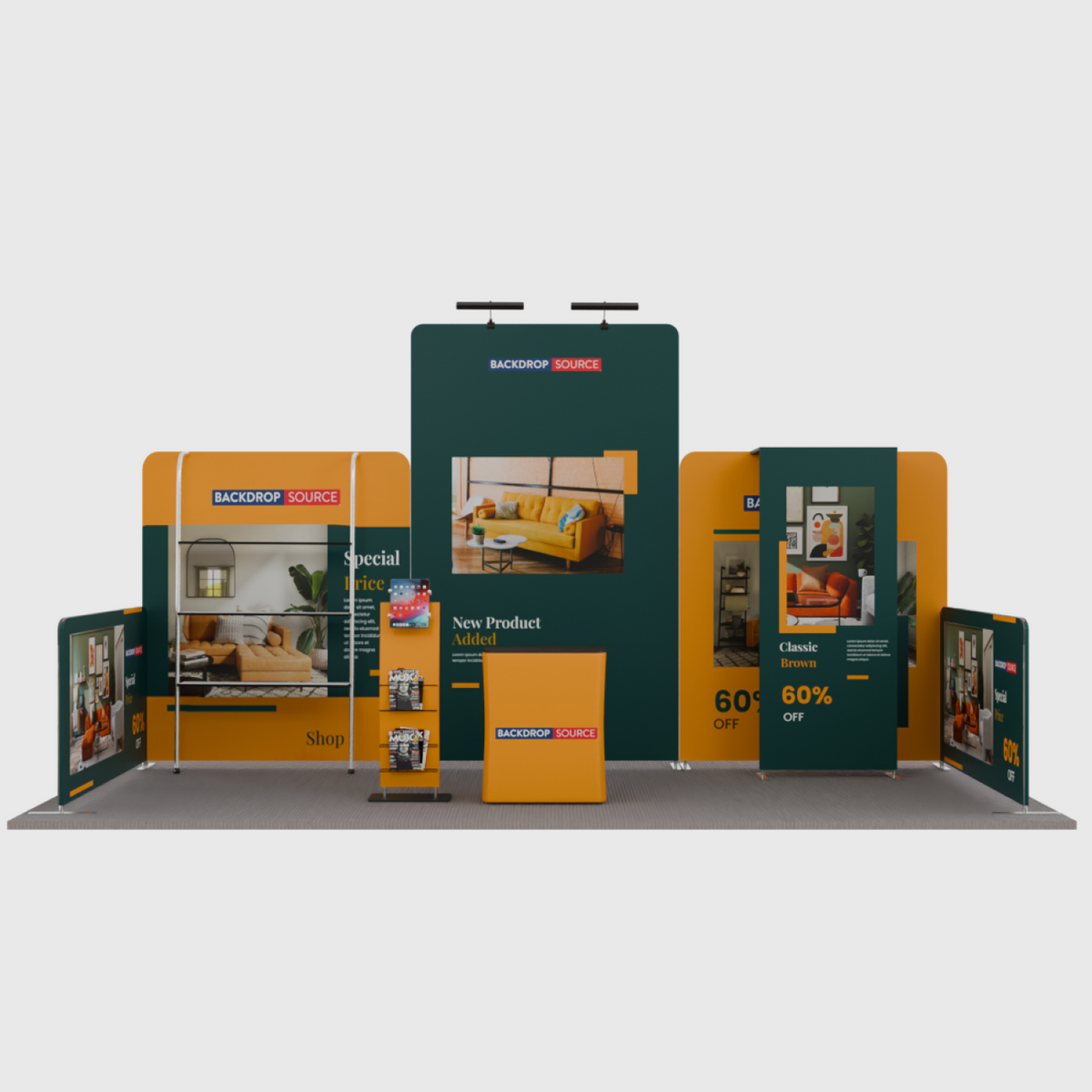 6x3m Booth Kit with Tension Walls, Shelving, Counter & iPad Stand