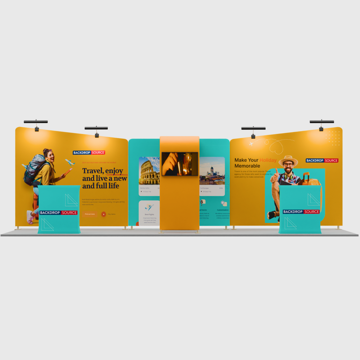 6x3m Booth Kit with Inclined Walls, L-Arch TV Mount & 2 Counters