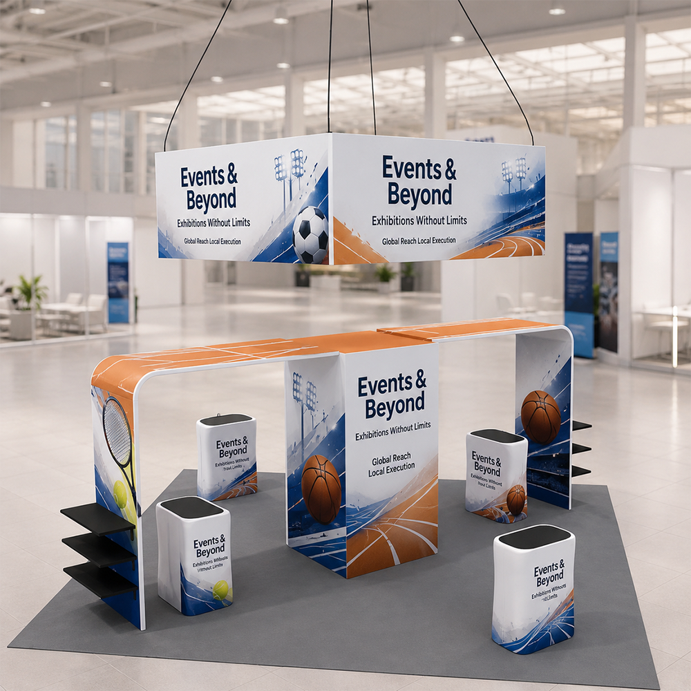 6x6m Gallery Booth with Entry Arch Towers, TV Mounts & Counters