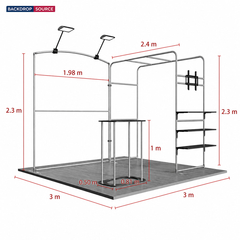 3x3m Booth Kit with Sloped & Square Arches, TV Mount & Counter