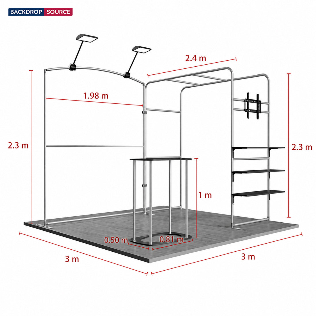 3x3m Booth Kit with Sloped & Square Arches, TV Mount & Counter
