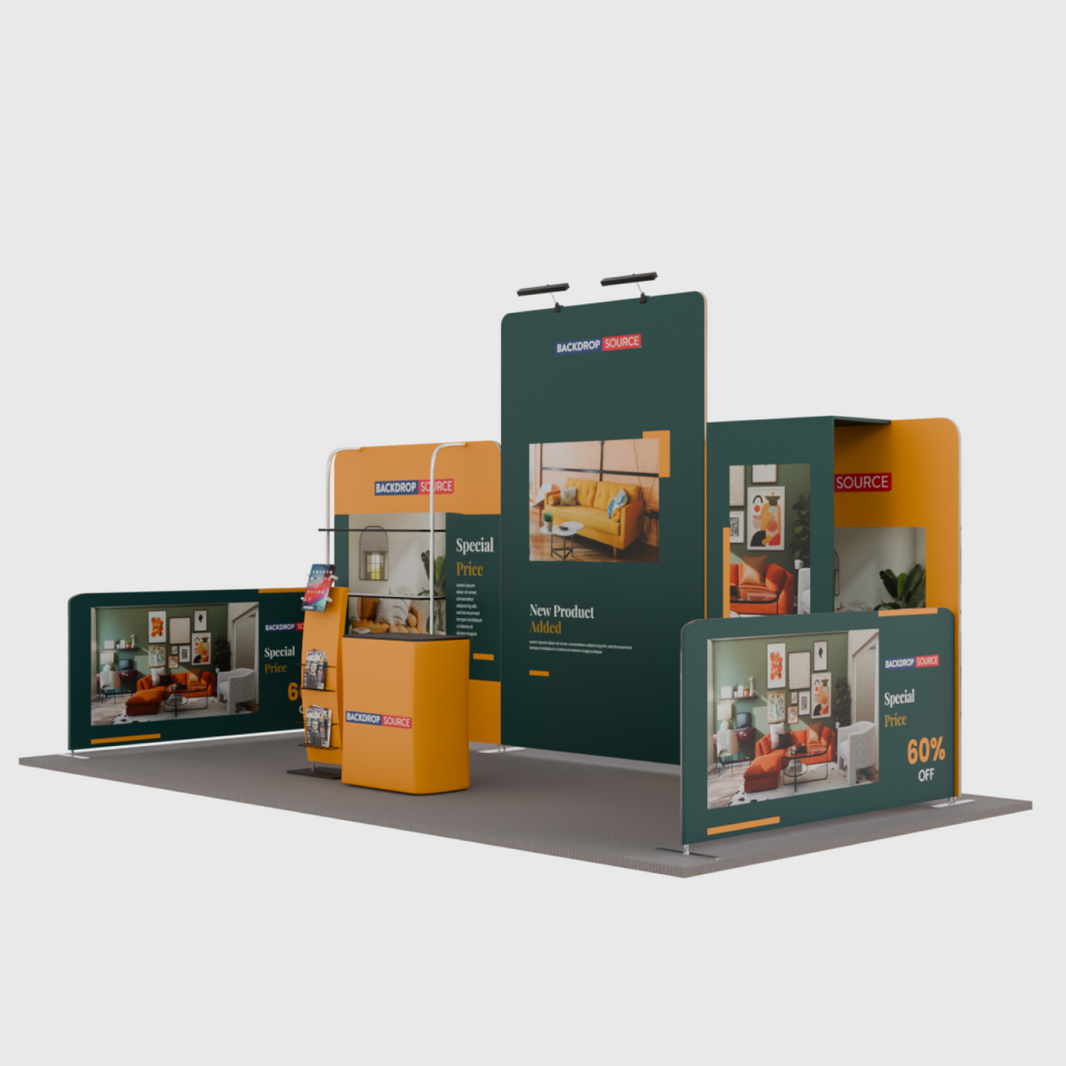 6x3m Booth Kit with Tension Walls, Shelving, Counter & iPad Stand