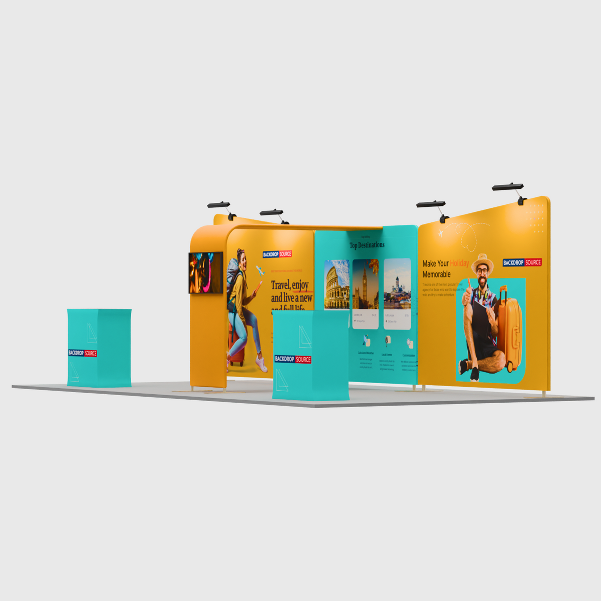 6x3m Booth Kit with Inclined Walls, L-Arch TV Mount & 2 Counters