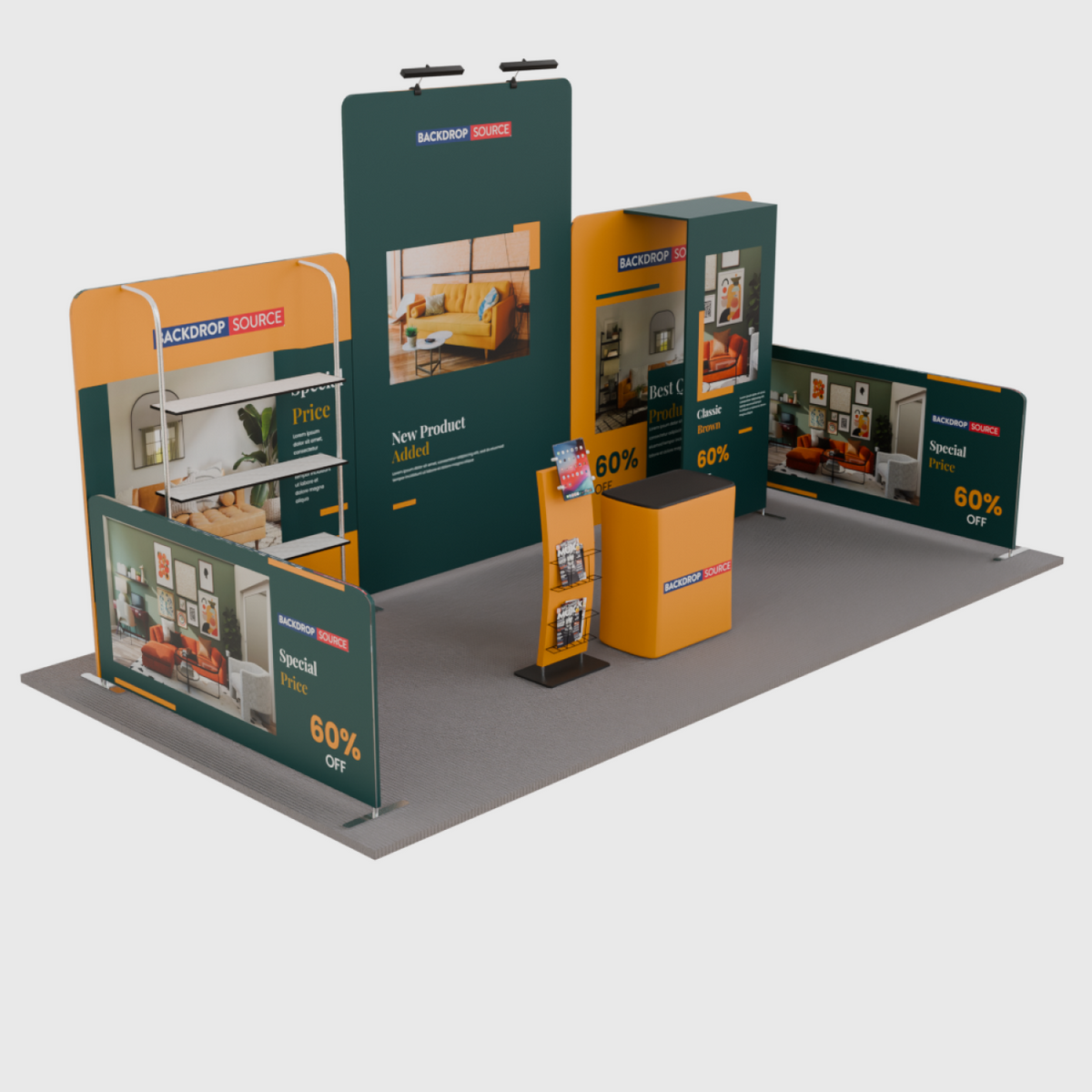 6x3m Booth Kit with Tension Walls, Shelving, Counter & iPad Stand
